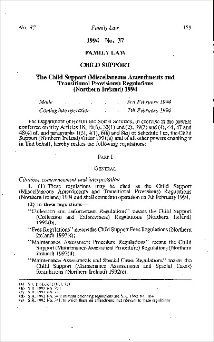 The Child Support (Miscellaneous Amendment and Transitional Provisions) Regulations (Northern Ireland) 1994