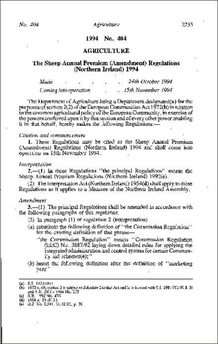The Sheep Annual Premium (Amendment) Regulations (Northern Ireland) 1994