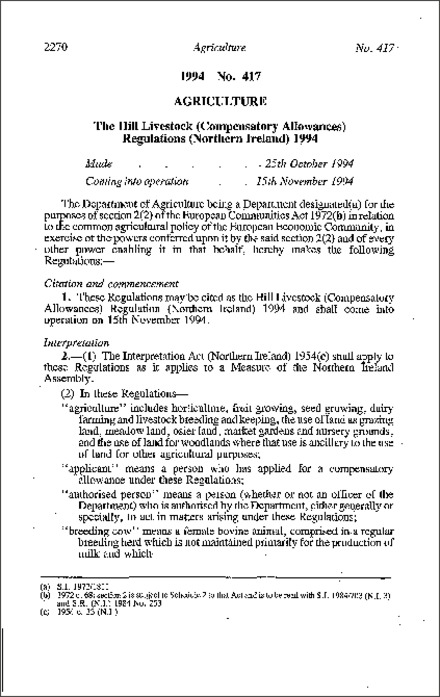 The Hill Livestock (Compensatory Allowances) Regulations (Northern Ireland) 1994