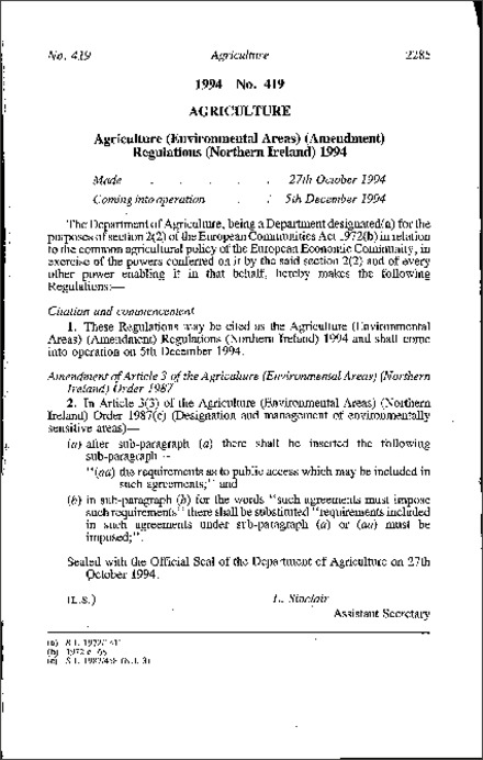 The Agriculture (Environmental Areas) (Amendment) Regulations (Northern Ireland) 1994