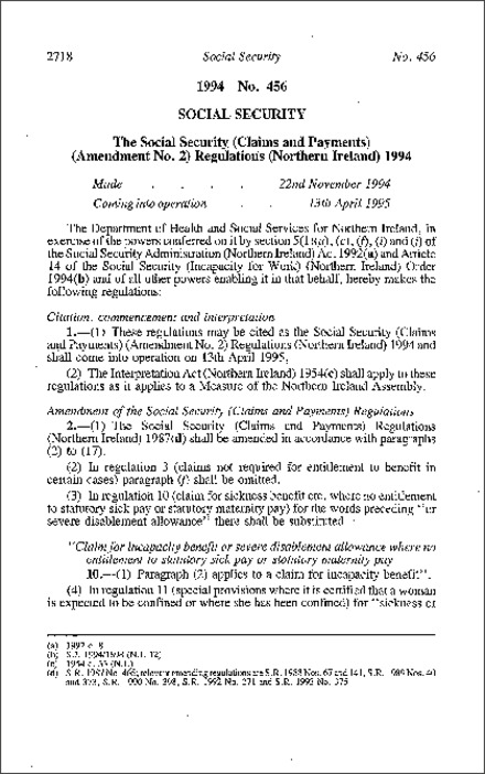 The Social Security (Claims and Payments) (Amendment No. 2) Regulations (Northern Ireland) 1994