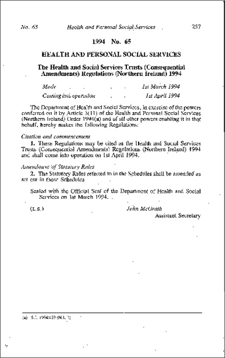 The Health and Social Services Trusts (Consequential Amendment) Regulations (Northern Ireland) 1994
