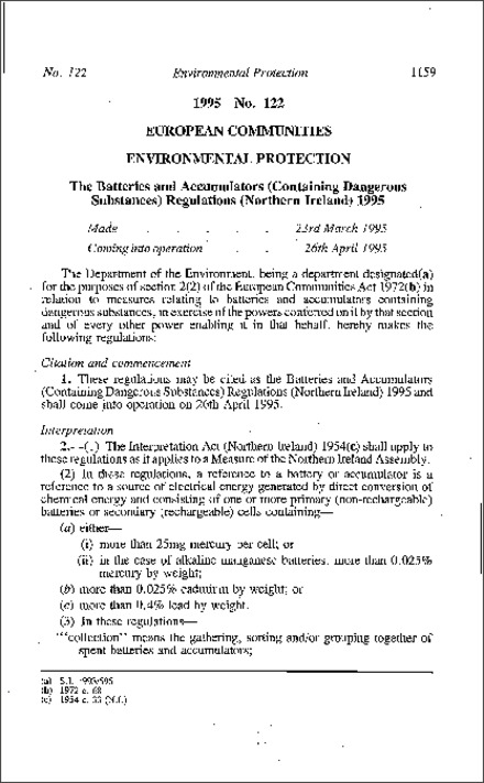 The Batteries and Accumulators (Containing Dangerous Substances) Regulations (Northern Ireland) 1995