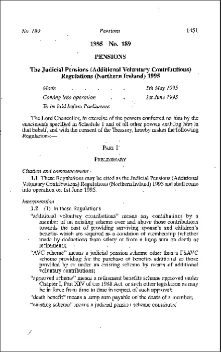 The Judicial Pensions (Additional Voluntary Contributions) Regulations (Northern Ireland) 1995
