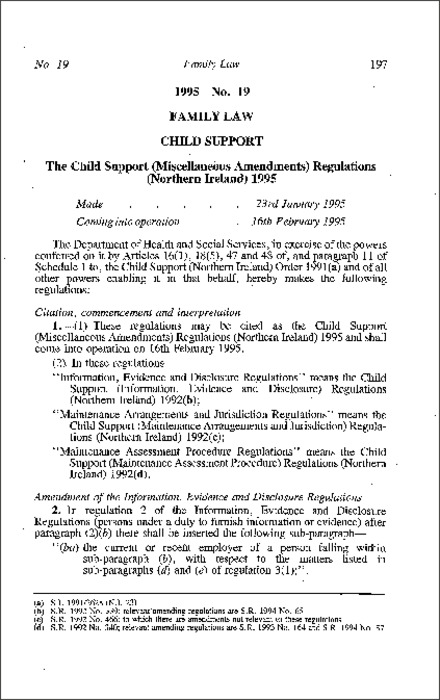The Child Support (Miscellaneous Amendment) Regulations (Northern Ireland) 1995