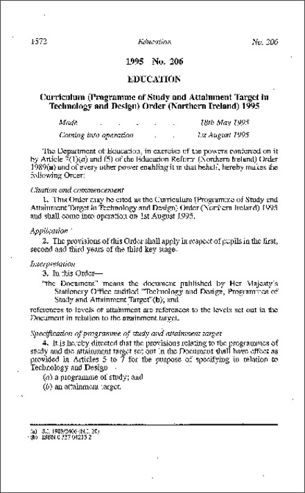 The Curriculum (Programme of Study and Attainment Target in Technology and Design) Order (Northern Ireland) 1995