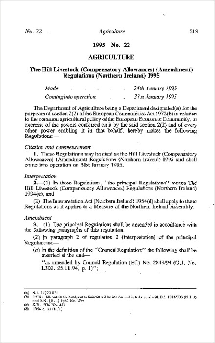 The Hill Livestock (Compensatory Allowances) (Amendment) Regulations (Northern Ireland) 1995