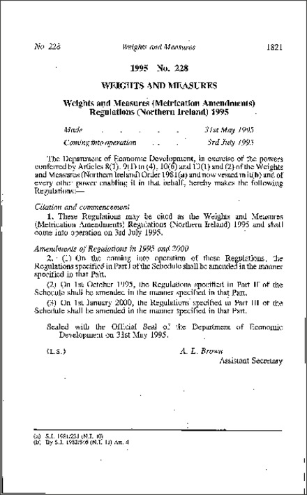 The Weights and Measures (Metrication Amendment) Regulations (Northern Ireland) 1995