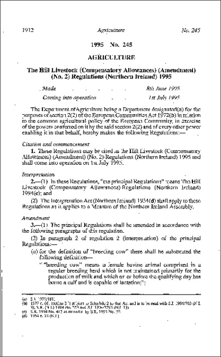 The Hill Livestock (Compensatory Allowances) (Amendment) (No. 2) Regulations (Northern Ireland) 1995