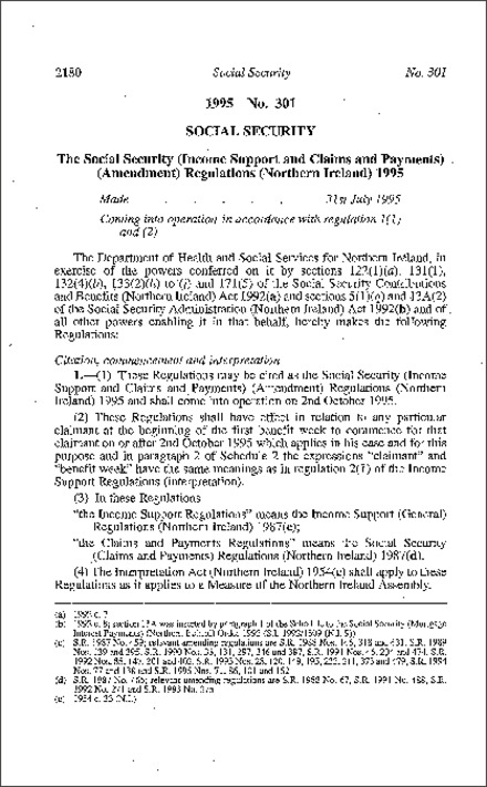 The Social Security (Income Support and Claims and Payments) (Amendment) Regulations (Northern Ireland) 1995