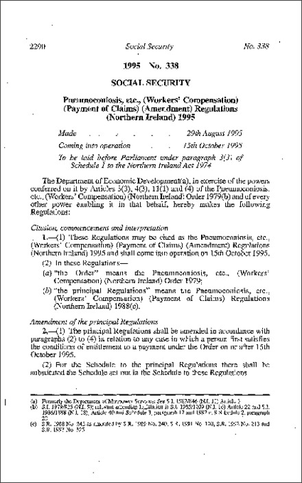 The Pneumoconiosis, etc., (Workers' Compensation) (Payment of Claims) (Amendment) Regulations (Northern Ireland) 1995