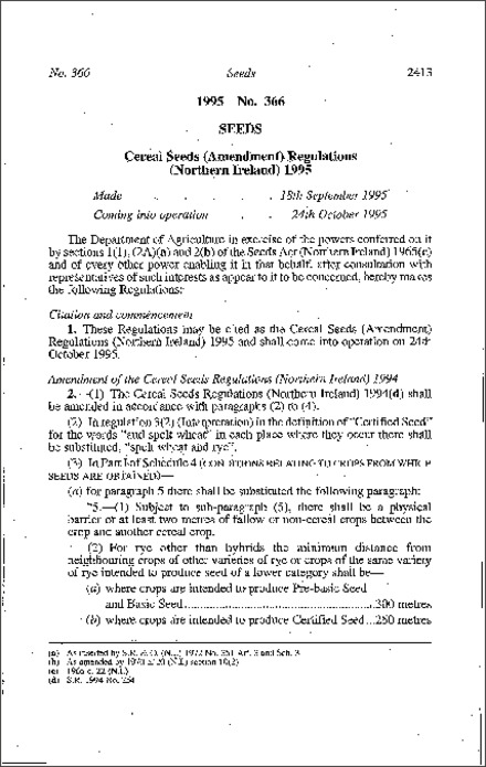 The Cereal Seeds (Amendment) Regulations (Northern Ireland) 1995