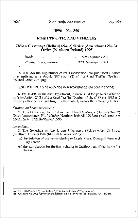 The Urban Clearways (Belfast) (No. 2) Order (Amendment No. 3) Order (Northern Ireland) 1995