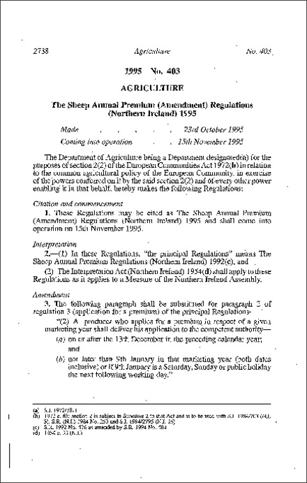 The Sheep Annual Premium (Amendment) Regulations (Northern Ireland) 1995