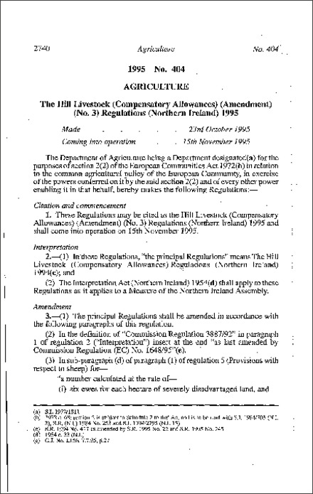 The Hill Livestock (Compensatory Allowances) (Amendment) (No. 3) Regulations (Northern Ireland) 1995