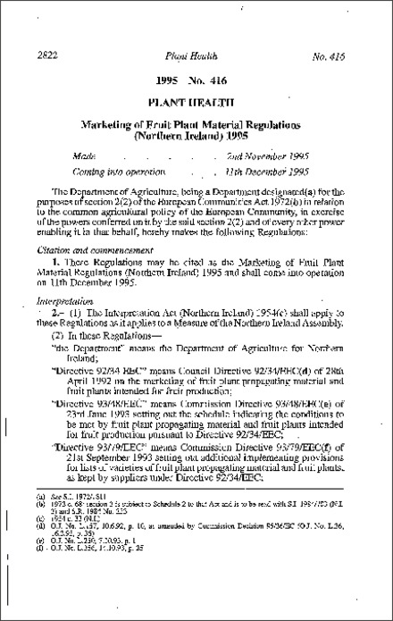 The Marketing of Fruit Plant Material Regulations (Northern Ireland) 1995