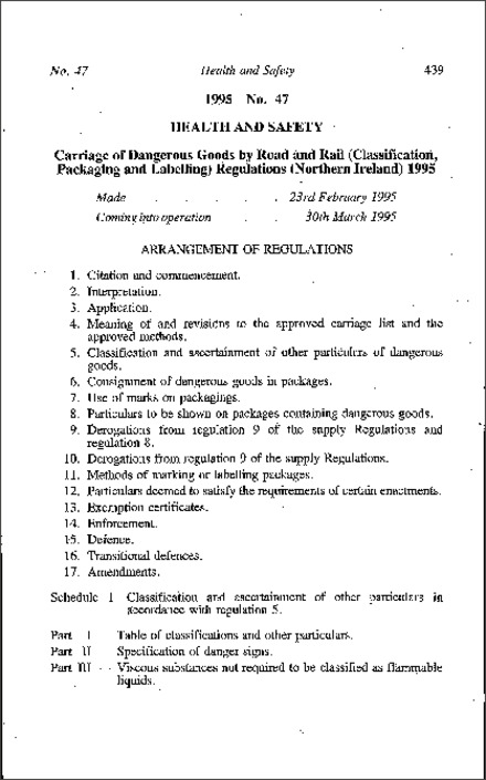 The Carriage of Dangerous Goods by Road and Rail (Classification, Packaging and Labelling) Regulations (Northern Ireland) 1995