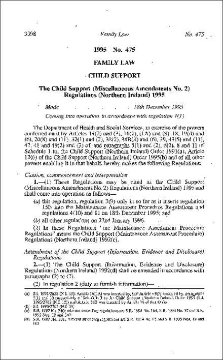 The Child Support (Miscellaneous Amendment No. 2) Regulations (Northern Ireland) 1995