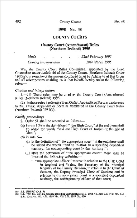 The County Court (Amendment) Rules (Northern Ireland) 1995