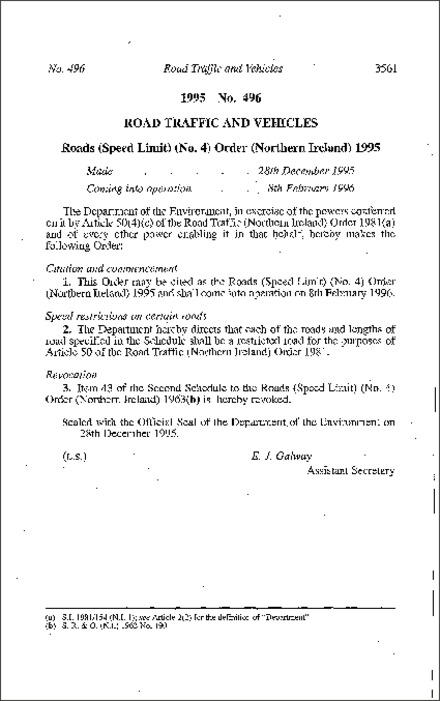 The Roads (Speed Limit) (No. 4) Order (Northern Ireland) 1995
