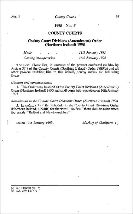 The County Court Divisions (Amendment) Order (Northern Ireland) 1995