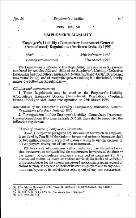 The Employer's Liability (Compulsory Insurance) General (Amendment) Regulations (Northern Ireland) 1995