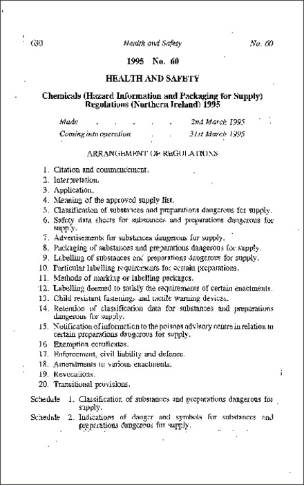 The Chemicals (Hazard Information and Packaging for Supply) Regulations (Northern Ireland) 1995