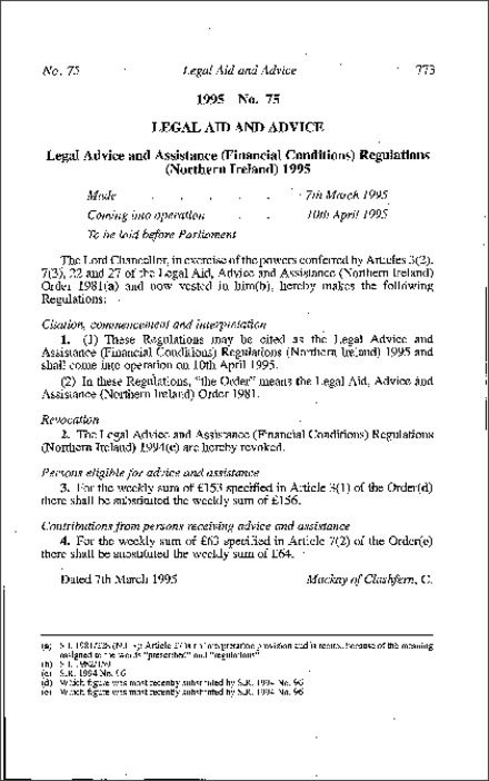 The Legal Advice and Assistance (Financial Conditions) Regulations (Northern Ireland) 1995