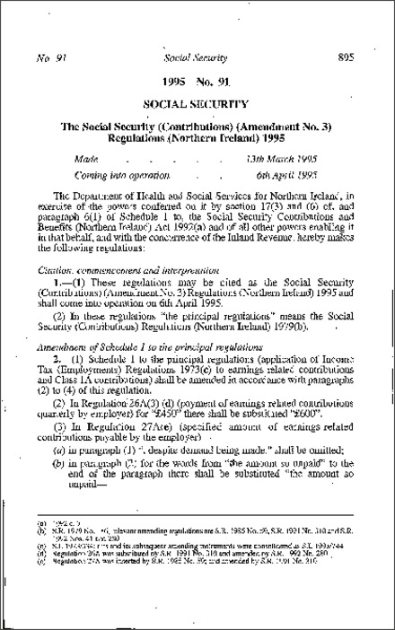 The Social Security (Contributions) (Amendment No. 3) Regulations (Northern Ireland) 1995