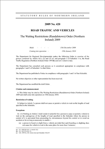 The Waiting Restrictions (Randalstown) Order (Northern Ireland) 2009
