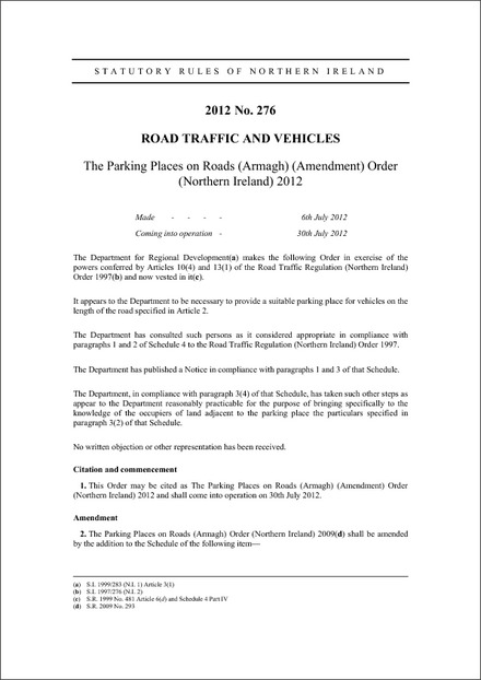 The Parking Places on Roads (Armagh) (Amendment) Order (Northern Ireland) 2012