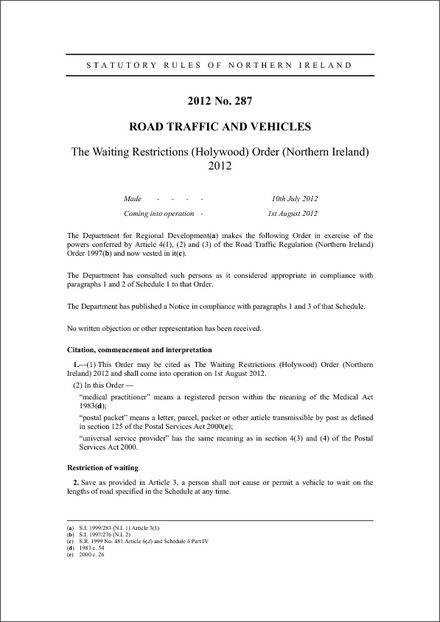 The Waiting Restrictions (Holywood) Order (Northern Ireland) 2012