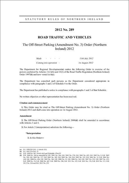 The Off-Street Parking (Amendment No. 3) Order (Northern Ireland) 2012