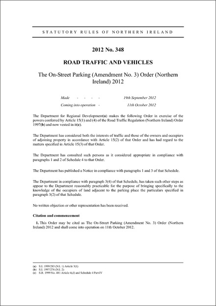 The On-Street Parking (Amendment No. 3) Order (Northern Ireland) 2012