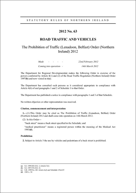 The Prohibition of Traffic (Lenadoon, Belfast) Order (Northern Ireland) 2012