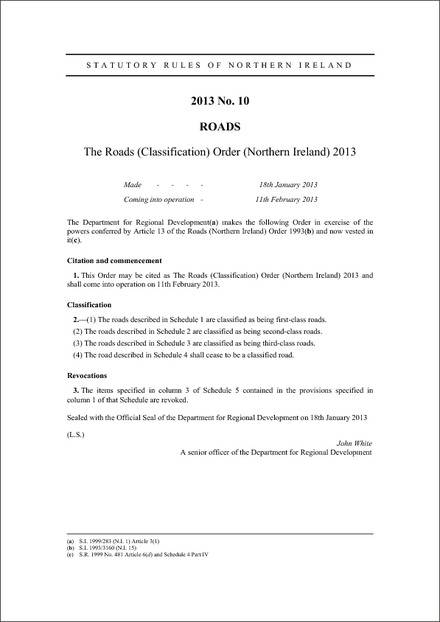 The Roads (Classification) Order (Northern Ireland) 2013