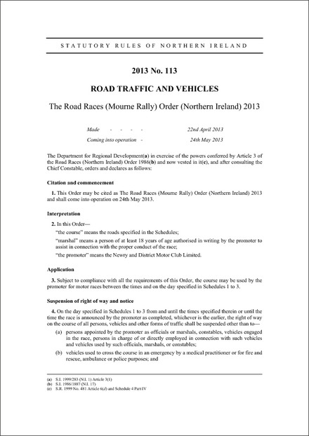 The Road Races (Mourne Rally) Order (Northern Ireland) 2013