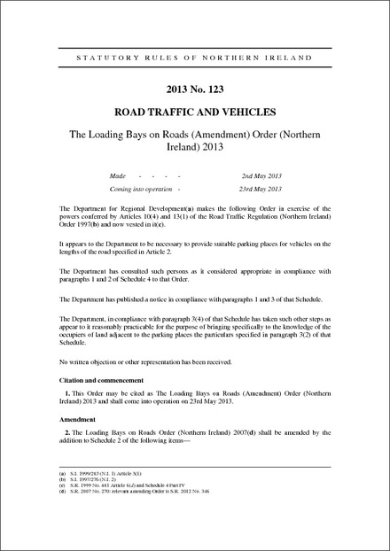 The Loading Bays on Roads (Amendment) Order (Northern Ireland) 2013