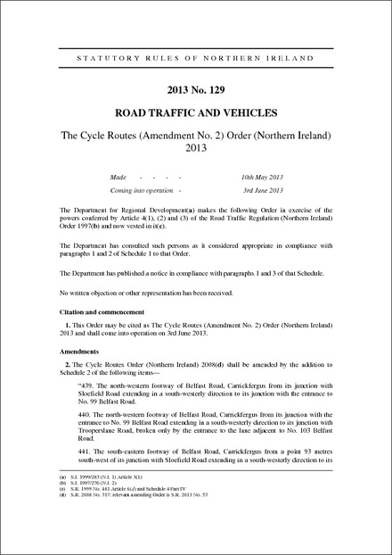 The Cycle Routes (Amendment No. 2) Order (Northern Ireland) 2013