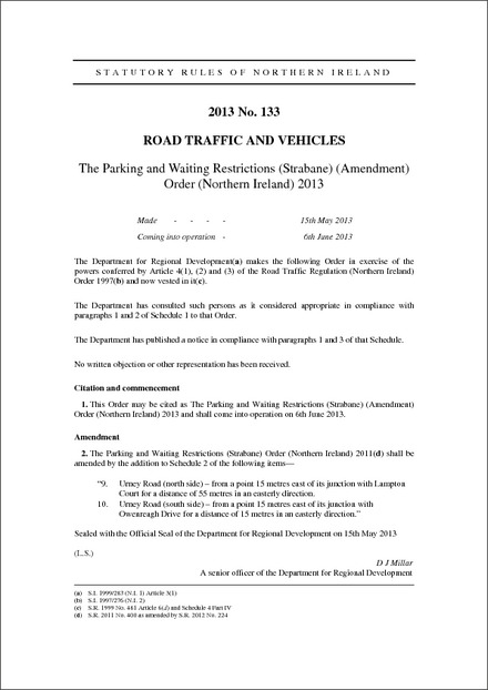 The Parking and Waiting Restrictions (Strabane) (Amendment) Order (Northern Ireland) 2013