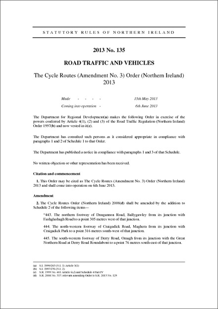 The Cycle Routes (Amendment No. 3) Order (Northern Ireland) 2013