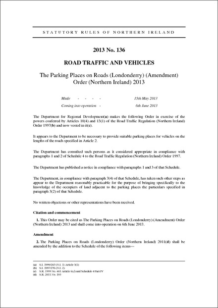 The Parking Places on Roads (Londonderry) (Amendment) Order (Northern Ireland) 2013