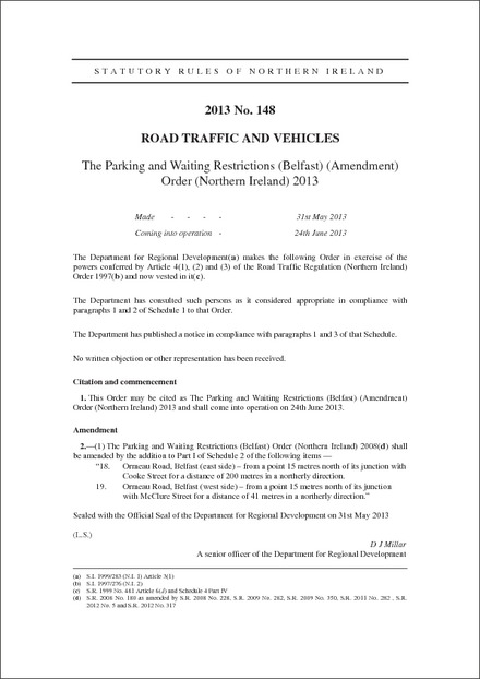The Parking and Waiting Restrictions (Belfast) (Amendment) Order (Northern Ireland) 2013