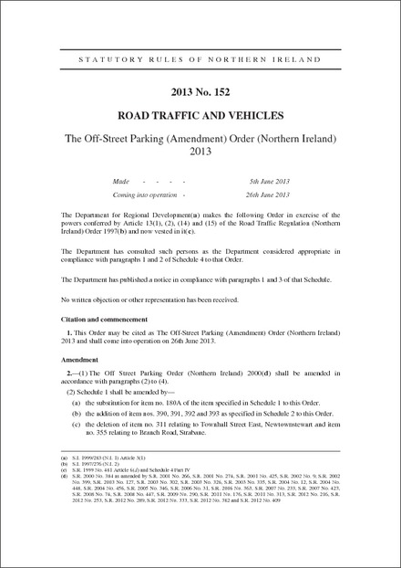 The Off-Street Parking (Amendment) Order (Northern Ireland) 2013