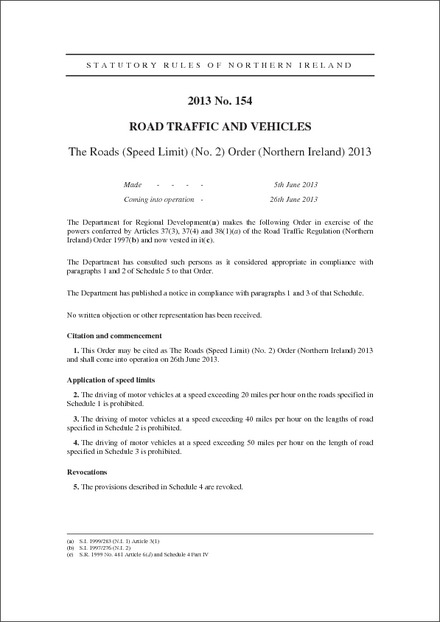 The Roads (Speed Limit) (No. 2) Order (Northern Ireland) 2013