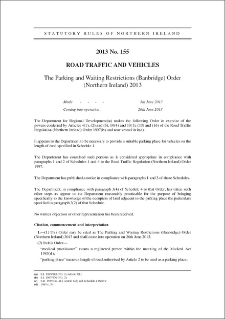 The Parking and Waiting Restrictions (Banbridge) Order (Northern Ireland) 2013