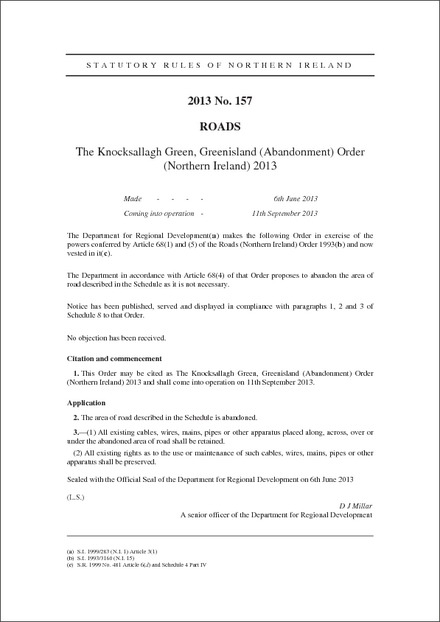 The Knocksallagh Green, Greenisland (Abandonment) Order (Northern Ireland) 2013