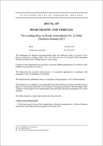 The Loading Bays on Roads (Amendment No. 2) Order (Northern Ireland) 2013