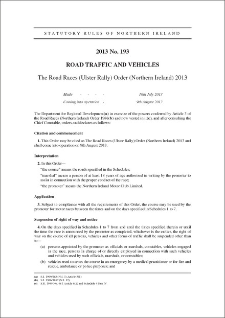 The Road Races (Ulster Rally) Order (Northern Ireland) 2013