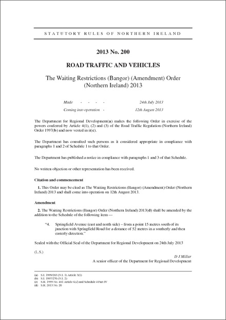 The Waiting Restrictions (Bangor) (Amendment) Order (Northern Ireland) 2013